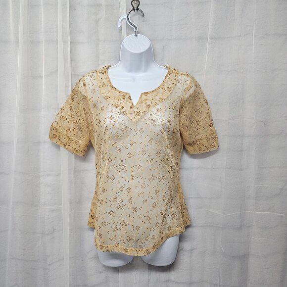John & Philip Tan Gold Fairy Twee Blouse Sheer Floral Coquette Whimsy M - Picture 1 of 9